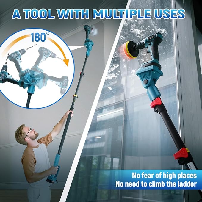 Cordless Power Drill Cleaning Tools Long Handle Scrub Brush for Surface Cleaning of Car Floors and Windows with 1*Max 20V Battery 2.4A Charger 1*Telescopic Rod 1*5MM Drill Bit 7*Pcs Drill Brush