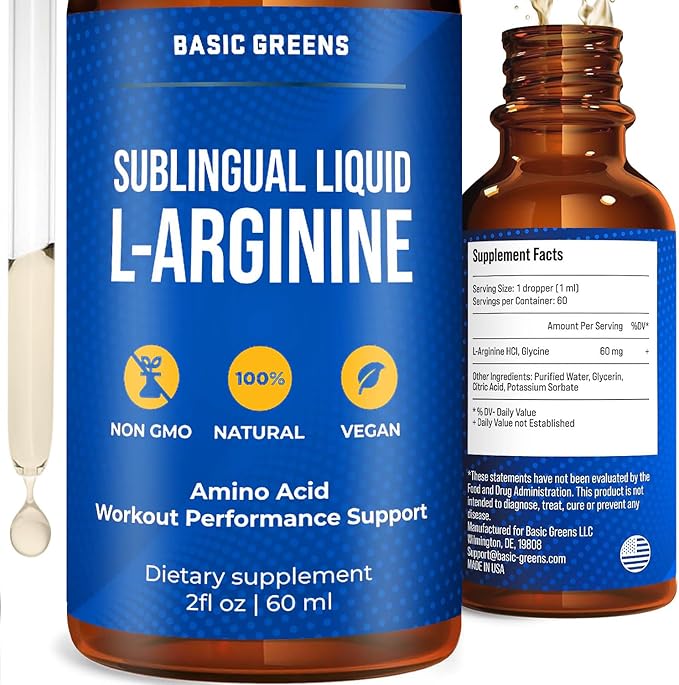 L-Arginine Liquid Nitric Oxide Supplement for Men and Women – Non-GMO Vegan for Circulation, Endurance, Energy, Stamina, Performance and Workout – 2 fl oz