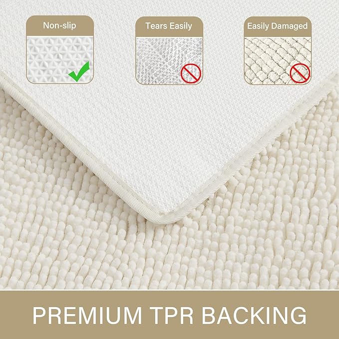 LOCHAS Luxury Bathroom Rug Shaggy Bath Mat 24 x 60 Inch, Washable Non Slip Bath Rugs for Bathroom Shower, Soft Plush Chenille Absorbent Carpets Mats, Cream White