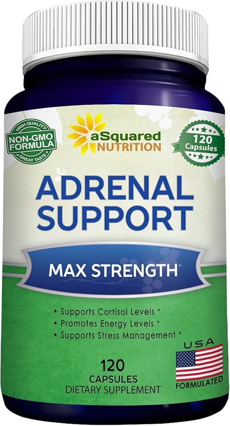 aSquared Nutrition Adrenal Support & Cortisol Manager Supplement (120 Capsules)-Adrenal Health w/Vitamin C Complex Pills to Support Fatigue & Stress Relief-Ashwagandha, L-Tyrosine, Rhodiola & Ginseng