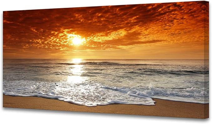 Muolunna S04650 Canvas Prints Wall Art Sunset Ocean Beach Pictures Photo Paintings for Living Room Bedroom Home Decorations Stretched and Framed Ready to Hang Seascape Waves Artwork 20x40inch