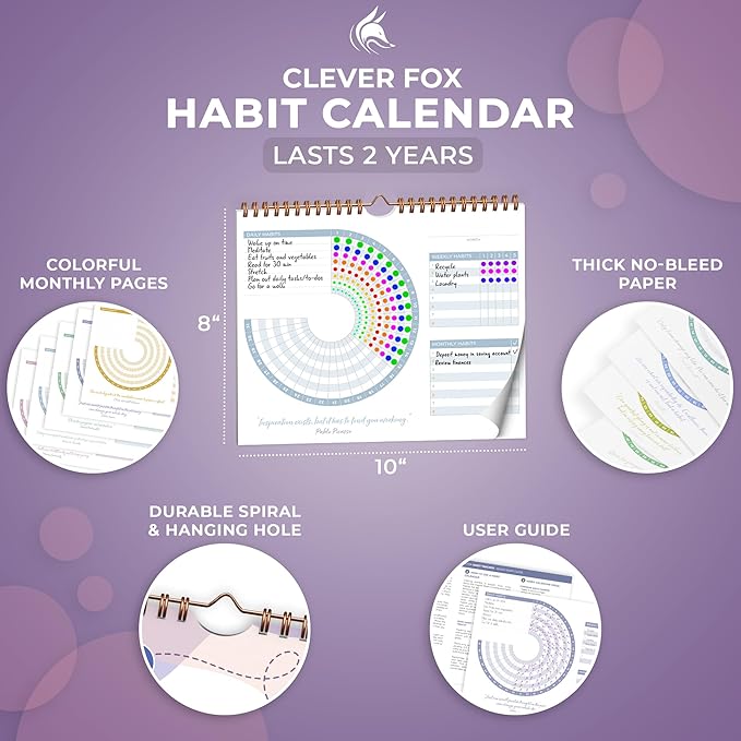 Clever Fox Habit Calendar Circle – 24-Month Inspirational Daily Habit Tracker with Colorful Pages – Routine & Goal Planner Journal (White & Lavender)