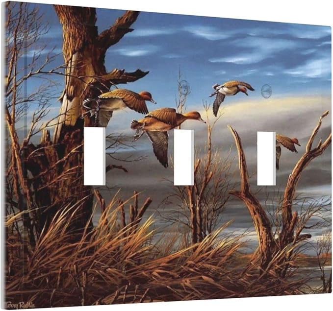 Hunting Flying Wild Ducks Triple Toggle Light Switch Cover Plate Decorative 3 Gang Wall Plate Cover Fall Lakeside Reed Wildlife Animal Mallard 3 Hole Device Electrical Switchplate for Bathroom
