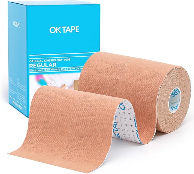 OK TAPE Regular Original Cotton Kinesiology Tape (2 Pack), Elastic Water Resistant Therapeutic Athletic Tape, Latex Free, Injury Recovery, Uncut K Tape 2in×16.4ft - Beige
