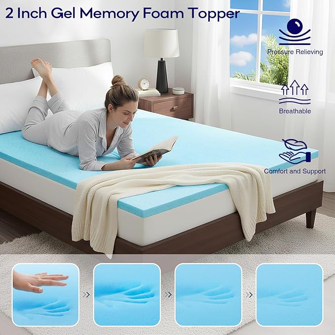 OLANLY Dual-Layer 4 Inch Queen Size Memory Foam Mattress Topper for Back Pain, 2 Inch Cooling Pillow Top Mattress Pad Cover and 2 Inch Gel Memory Foam Topper, Deep Elastic Pocket, Light Grey
