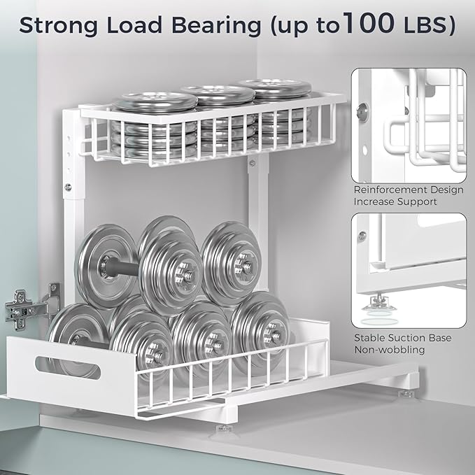 Pro Under Sink Organizer Storage: Premium Metal 2-Tier Pull-Out Wire Basket Organizer, L Shape Height Adjustable, Easy Installation | Kitchen & Bathroom Cabinet Organizers Pack 1 White