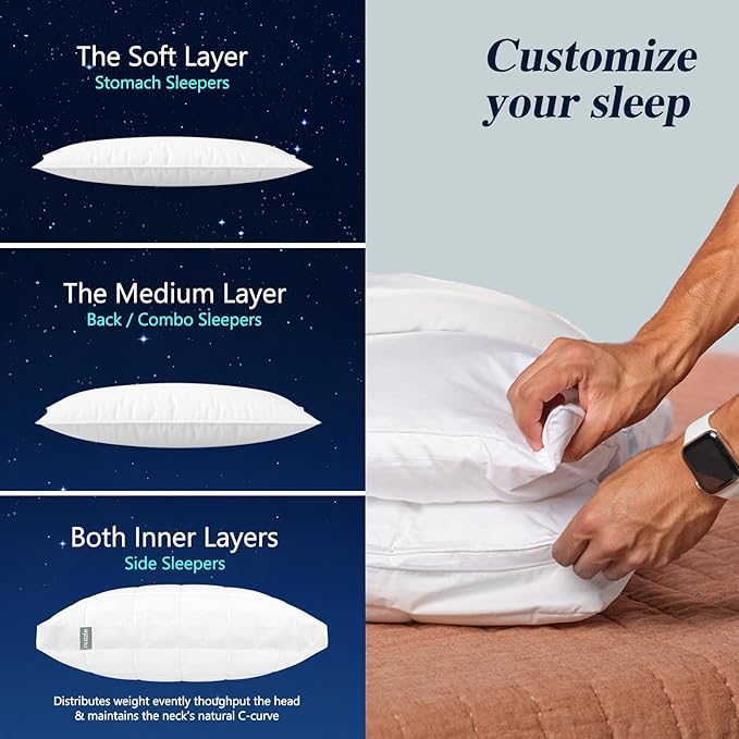 Nuzzle Cooling Adjustable Pillow for Side Sleepers, Luxury Standard Size Set of 4 Bed Pillow Hotel Collection - Best Adjust Height Soft Firm Pillow for Back, Stomach or Side Sleepers - Home Gifts