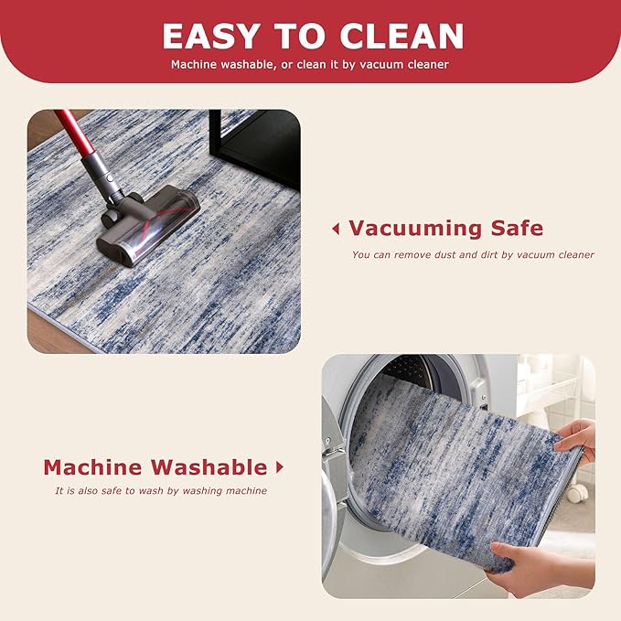 KOZYFLY Modern Abstract Area Rugs 2PCS 2x3 and 2x6 Blue-Grey Machine Washable Runner Rug Non-Slip Living Room Rug, Faux Wool Soft Low Pile Office Carpet for Hallway Entryway Bathroom Bedroom