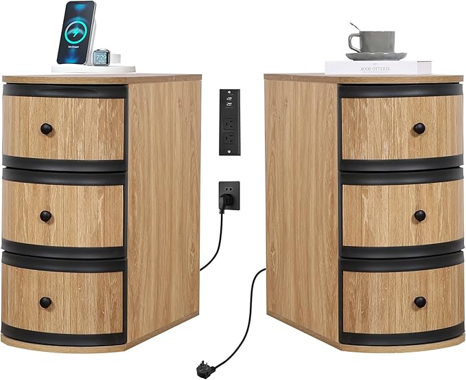 End Table with Charging Station for Couch,Mid-Century Modern Narrow Sofa Side Table with Drawer for Living Room,Small Bed Side Table for Bedroom (Natural, 2 Set)