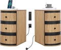 End Table with Charging Station for Couch,Mid-Century Modern Narrow Sofa Side Table with Drawer for Living Room,Small Bed Side Table for Bedroom (Natural, 2 Set)