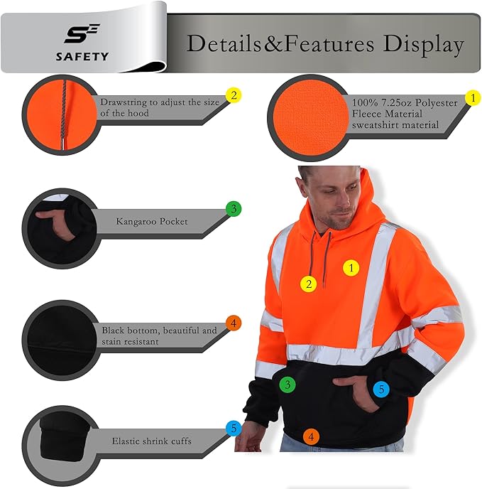 sesafety Class 3 High Visibility Sweatshirt for Men,Hooded Pullover,Hi-Vis Safety Hoodie Pullover Sweatshirt,Reflective Safety with Black Bottom,Orange,2XL