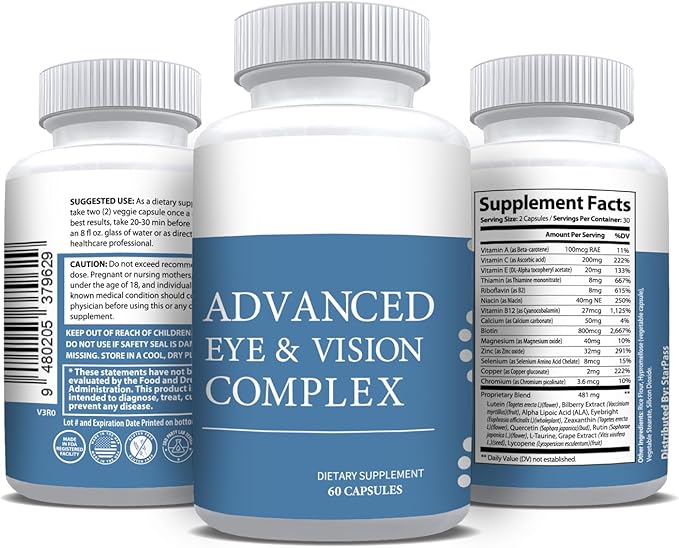 #1 Complete Research Vision Formula Advanced Eye Health Vitamin & Mineral Supplements for Adults w/Bilberry, Lutein, Zeaxanthin, Lycopene, Resveratrol | Supports Eye Strain, Dry Eyes 60 Capsules