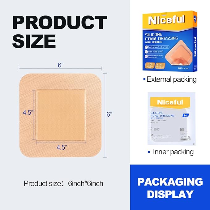 10 Pcs Silicone Foam Dressing 6x6 inch - Large Bandages for Wounds, Absorbent Silicone Bandages for Wounds, Waterproof Bed Sore Bandages Wound Dressing,HSA FSA Eligible