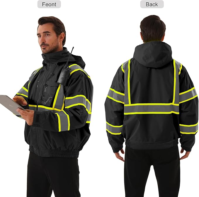 Hi Vis Safety jacket for men,Reflective high Visibility Hooded jacket,Work Bomber Jacket with Pockets and Zipper,Waterproof,ANSI Class 3 Black,5XL