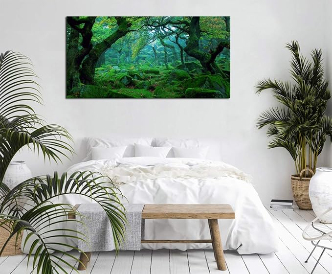 Green Forest Canvas Wall Art Living Room Decoration Big Trees Nature Picture Large Modern Canvas Artwork Contemporary Woods Mossy Rock Spring Season Prints for Kitchen Office Home Decoration 24" x 48"