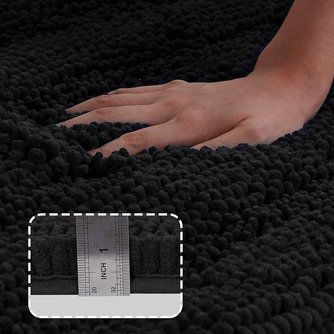 Turquoize Chenille 24"x 36" Extra Soft, Absorbent Shaggy Bath Rugs, Black - Non Slip for Bath or Kitchen