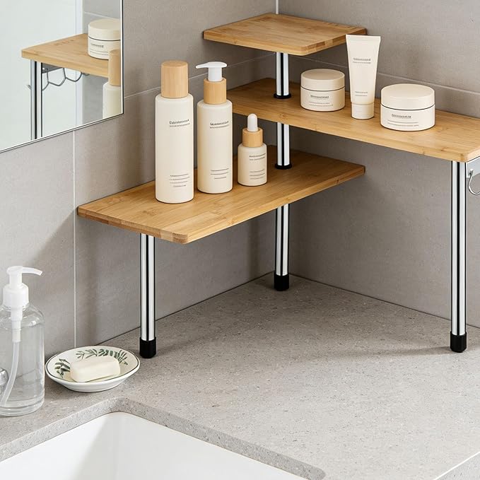 HYNAWIN 3-Tier Corner Shelf, Bamboo & Metal Storage Rack with Hooks, Adjustable Countertop Organizer for Kitchen, Bathroom, Bedroom or Office
