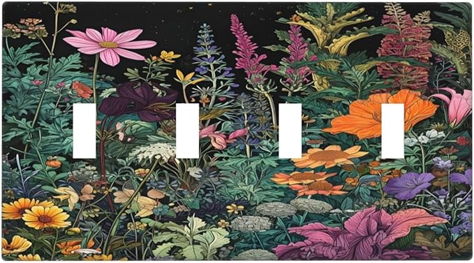 Decorative Switch Plate Covers Colorful Floral Dark Sky Wildflower Plants 4 Gang Light Switch Cover Plate Quad Toggle Wall Plate Light Switch Covers for Bathroom Decor