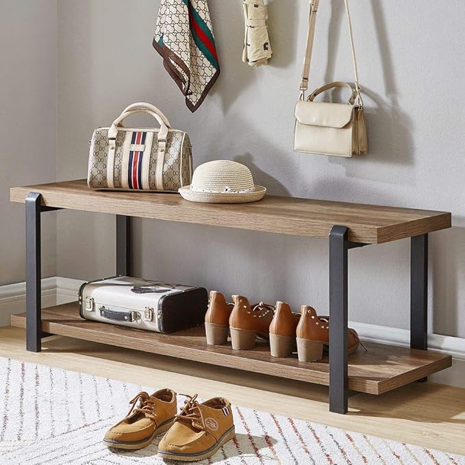 FOLUBAN Entryway Bench, Industrial Shoe Storage Bench for Bedroom Living Room, Modern Indoor Bench Seat for Hallway Front Door Entrance, Easy Assembly, Oak 47 inch