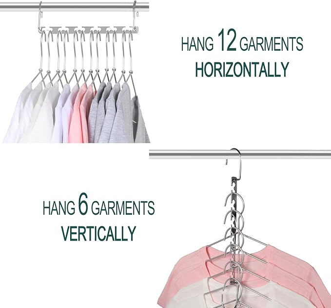 Meetu Space Saving Multifunctional Clothes Hangers - Stainless Steel 6X2 Slots Magic Cascading Hanger - Updated Hook Design Closet Organizer (Pack of 10)