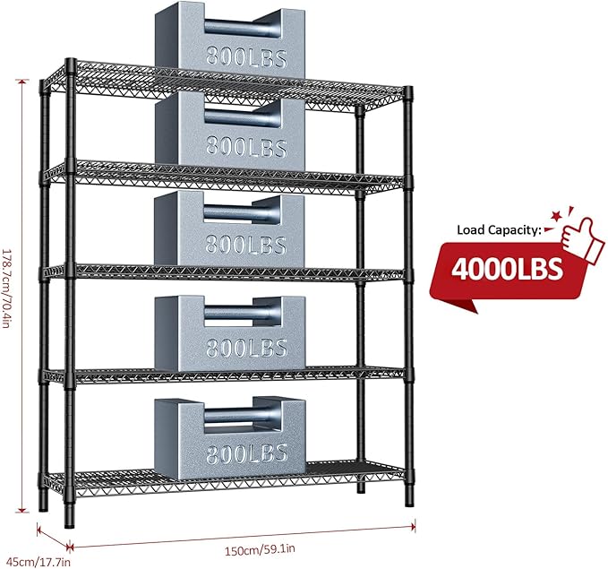 IZEUK 5-Tier Adjustable Heavy Duty Metal Storage Shelving Unit, Wide Utility Rack Organizer for Garage, Basement, Kitchen, Office, Warehouse (Black, 17.7" D x 59.1" W x 70.9" H)