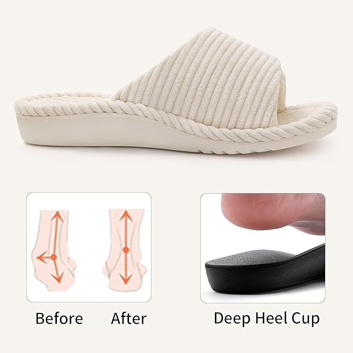 Litfun Orthopedic House Slippers for Women Adjustable Arch Support Indoor Slippers Open Toe Corduroy Bedroom Shoes