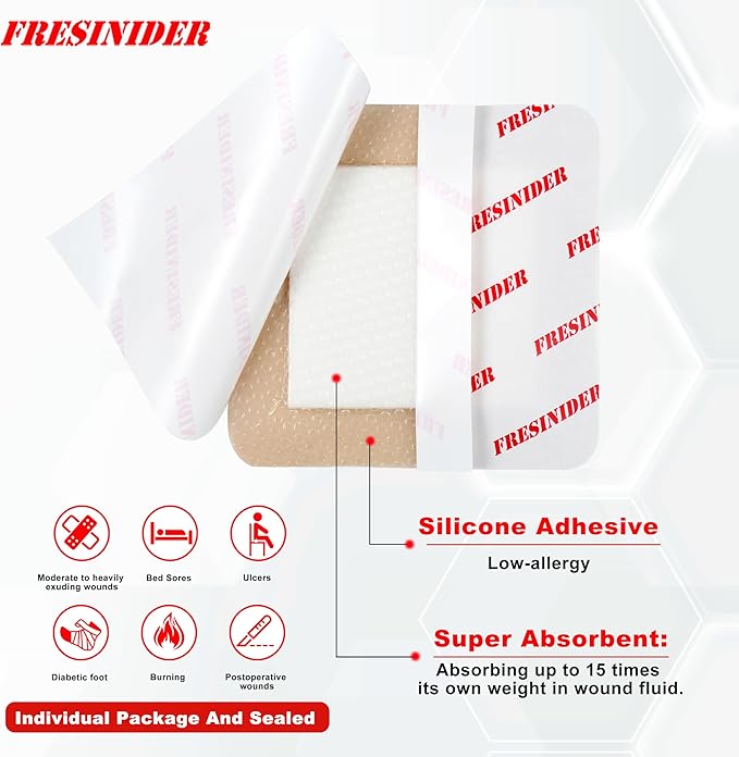 FRESINIDER Silicone Foam Dressing with Adhesive Border – Wound Dressing Bandage – Silicone Foam Pad – Pack of 20 – 4 x 4 Inches Large Waterproof Bandages – Self Adhesive Wound Care and Dressings