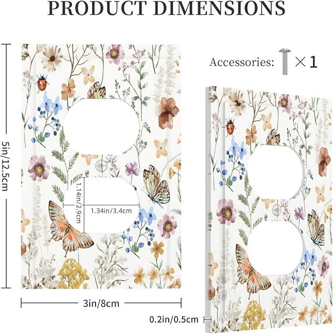 Boho Multicolor Flower Butterfly Insect Floral Outlet Covers 1 Gang Duplex Light Switch Cover Decorative Switch Plates Electrical Receptacle Faceplate Wall Plate for Bedroom Living Room Decor