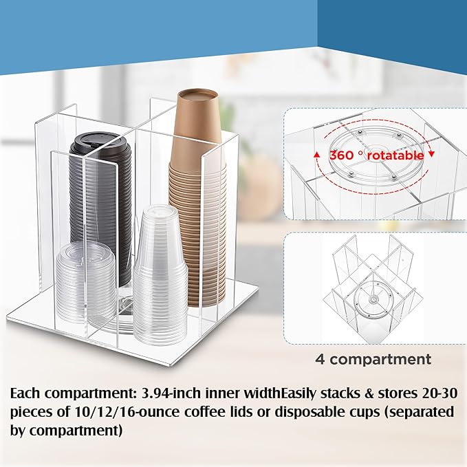 Maxdot 2 Pcs Acrylic Utensil Caddy Silverware Organizer and Square Rotating Cup and Lid Holder with 4 Compartment for Coffee Kitchen Table Countertop Party Paper Plates Cup Flatware Cutlery