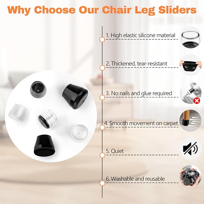28pcs Chair Leg Protectors for Carpet, Round Bar Stools Feet Glides Covers Caps Furniture Foot Sliders with Plastic Pads, Damage-Free Move on Carpets (Fit:5/8"~13/16", Black Bottom)