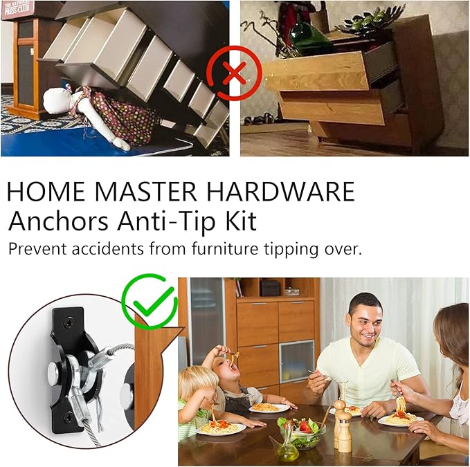 Furniture Anchors Anti-Tip Kit (4 Pack)- Furniture Straps for Baby Proofing, Secure 400 lbs Cabinet Prevent Falling Prevention Strap, Wall Anchor Prevent Child Pet Safety, HOME MASTER HARDWARE