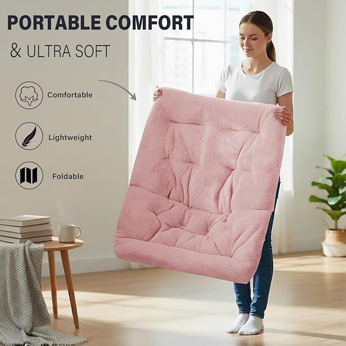 Tiita Folded Chair with Straight Ottoman, Soft Faux Fur Oversized Folding Accent Chair,Lounge Lazy Chair, Metal Frame Moon Chair for Bedroom, Living Room, Dorm Rooms, Garden and Courtyard, Pink