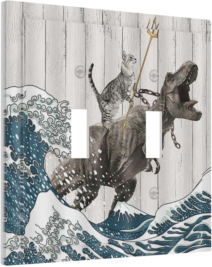Funny Cat Cool Cat Dinosaur Japanese Sea Waves Wood Double Toggle Light Switch Covers Decorative 2 Gang Wall Plate Covers Dual Device Electrical Switchplate Faceplate for Farm Bathroom Decor