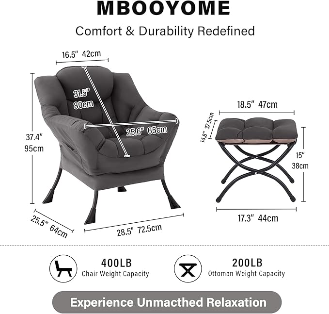 Lazy Chair with Folding Ottoman, Modern Accent Lounge Armchair with Armrests and a Side Pocket & Foldable Footstool, Leisure Reading Chair for Living Room, Bedroom, Dorm & Office, Dark Grey