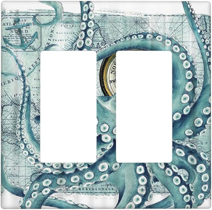 Outlet Covers Vintage Nautical Octopus Eyes Funny Ocean Kraken Double Rocker/Decora Light Switch Covers Decorative 2 Gang Wall Plate Compass Pirate Map Gfci Electrical Switchplate for Bathroom