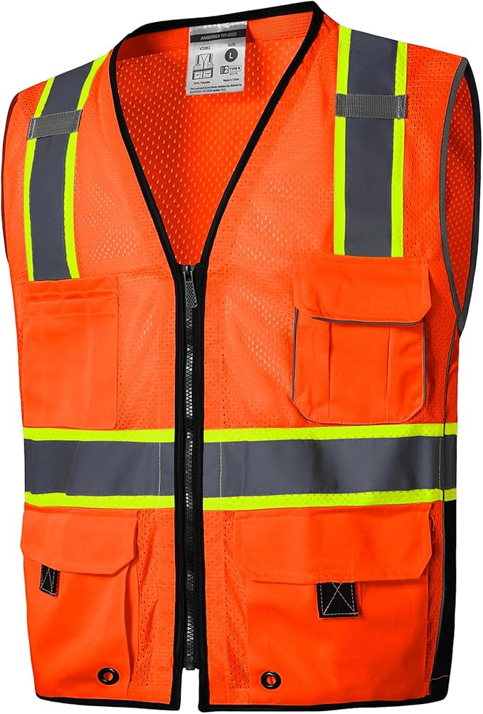 SKSAFETY Professional Class 2 High Visibility Safety Vest With Zipper - 10 Pockets, Reflective Strips, ANSI/ISEA Standard, Construction Work (Orange, L)