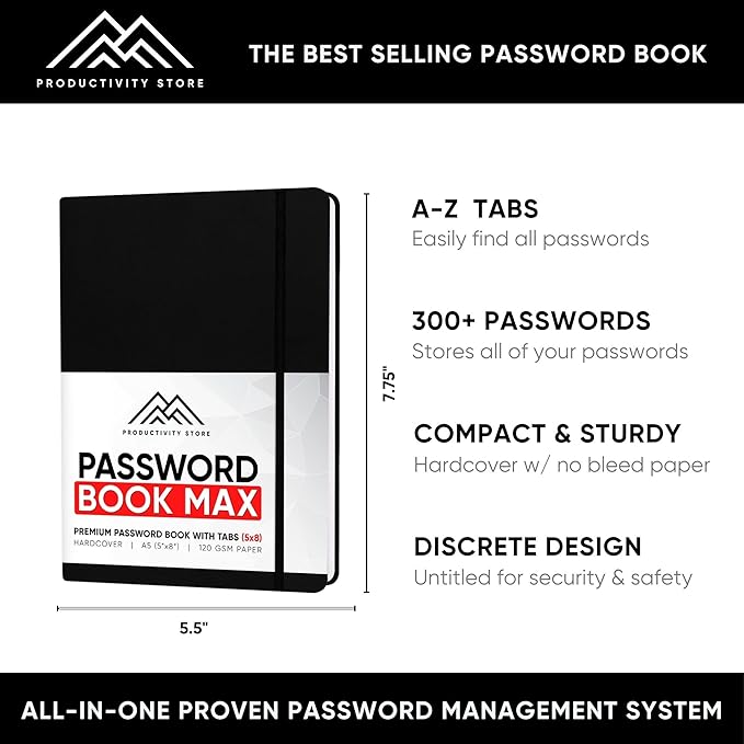 PRODUCTIVITY STORE Best Password Book With Alphabetical Tabs | Password Book, Organizer & Notebook | Password Keeper To Keep Website Logins & Passwords Safe | Black | Medium 5x8