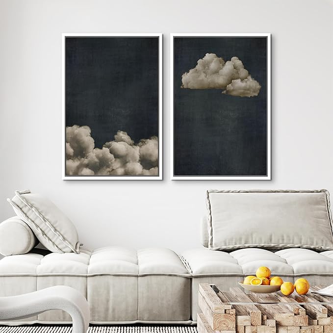 MUDECOR Framed Canvas Print Wall Art Vintage Cloudscape Dark Moody Sky with Floating Clouds Illustrations Modern Art Decorative Chic for Living Room, Bedroom, Office - 16"x24"x2 White