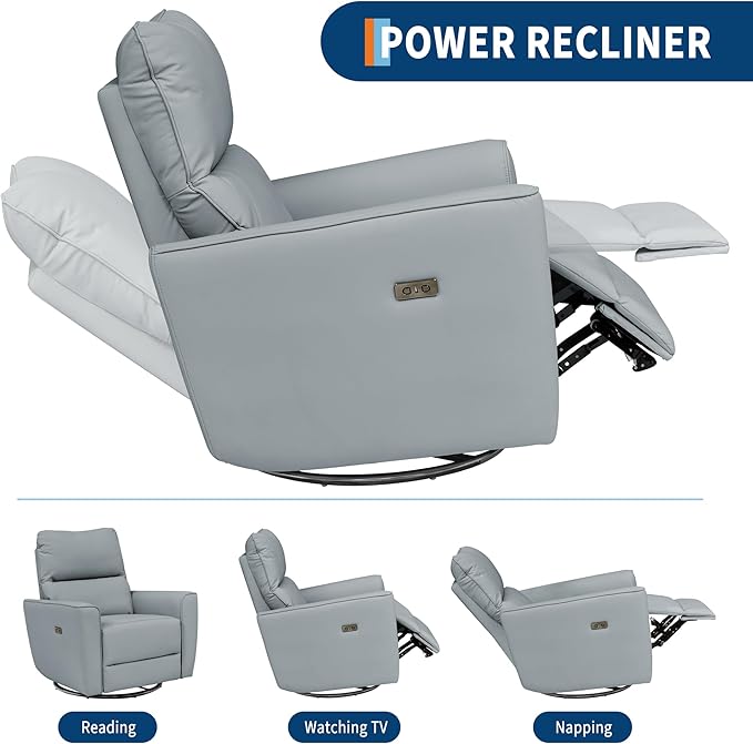 Power Recliner Chair Swivel Glider Faux Leather Upholstered Nursery Rocker Reclining Sofa Chair with Charging Port, Curved Armrests & Padded Backrest for Living Room and Bedroom (Power Gray)