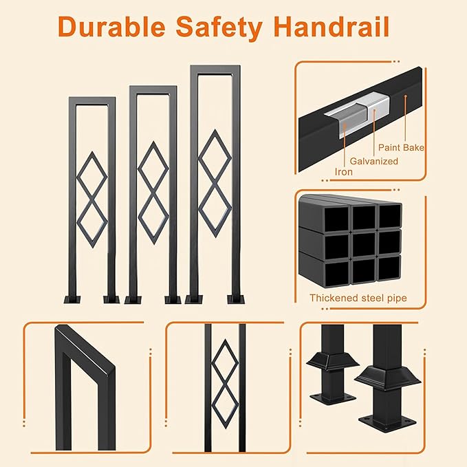 U-Shaped Stair Handrail, Black Wrought Iron Hand Rails Decorative Railing for Indoor Stairs, Porch Deck Loft Corridor Safety Non-Slip Support Poles, with Diamond Pattern (3FT/90CM)