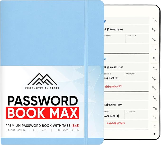 PRODUCTIVITY STORE Best Password Book With Alphabetical Tabs | Password Book, Organizer & Notebook | Password Keeper To Keep Website Logins & Passwords Safe | Black | Medium 5x8