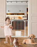 White Extra Wide Baby Gate with Pet Door Automatic Closing 29.5 to 46 Inches Adjustable Pressure Mounted for Doorway Stairs Includes 4 Wall Cups and 3 Extensions Pet Gate Baby Gate Dog Gate Cat Gate