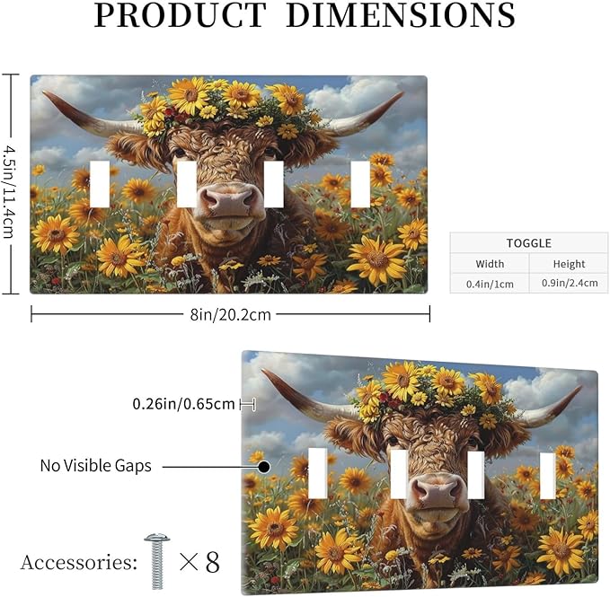 Light Switch Covers Vintage Sunflower Highland Cow Rustic Art Quad Toggle Electrical Faceplate 4 Gang Wall Plate Decorative Switch Plates for Bedroom Farmhouse Decor