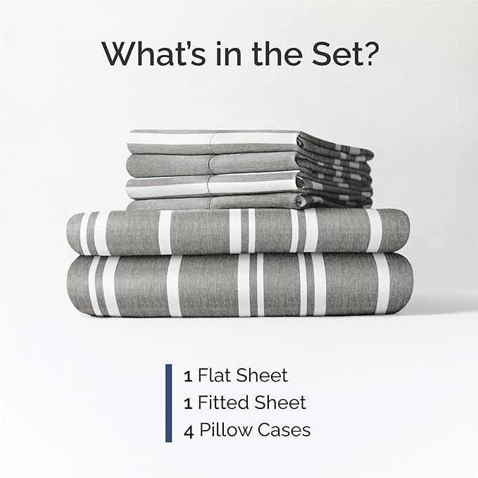 King 6 Piece Sheet Set - Cooling & Breathable Bed Sheets - Hotel Luxury Bed Sheets for Women, Men, Kids & Teens - Bedding w/Deep Pockets & Easy Fit - Soft & Wrinkle Free - King Grey Stripes Sheets