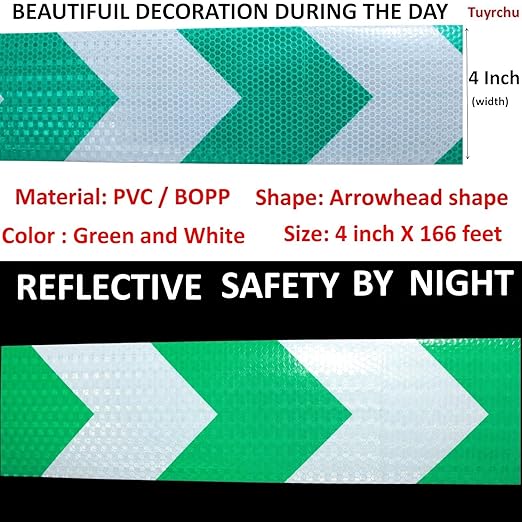 Reflective Tape Green and White 4 inch X 166 feet, Outdoor Waterproof Hazard Conspicuity Safety Industrial Marking Tape