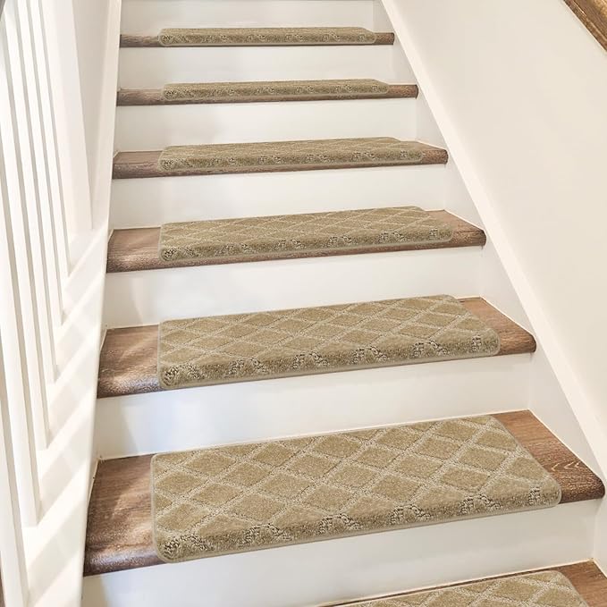 PURE ERA Bullnose Carpet Stair Treads Set Tape Free Non-Slip Indoor Stair Protectors Pet Friendly Rugs 9.5" x 30"(2 Pieces,Khaki Diamond Trellis)