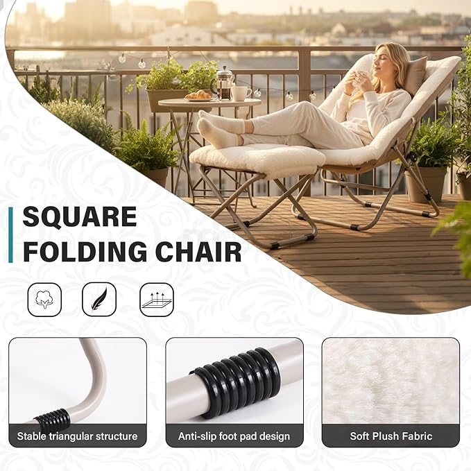 Tiita Folded Chair with Straight Ottoman, Soft Faux Fur Oversized Folding Accent Chair,Lounge Lazy Chair, Metal Frame Moon Chair for Bedroom, Living Room, Dorm Rooms, Garden and Courtyard, Beige