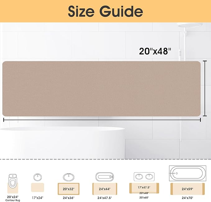 Ultra Thin Bath Mat, Upgrade Backing Non Slip Thin Bath Mats Fit Under Door, Quick Dry Ultra Absorbent Bathroom Rugs, Machine Washable Bath Rugs for Bathroom, Bathtub & Kitchen, Taupe/Solid/48"x20"