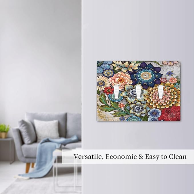 Boho Floral Colorful Floral Multi Color Flower Decorative Switch Plates 3 Gang Wall Plate Triple Toggle Light Switch Cover Faceplate Electrical Wall Panels for Bedroom Living Room Home Decor
