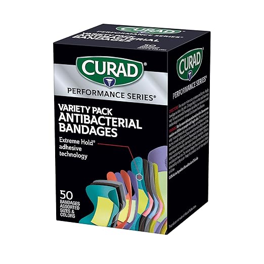 CURAD Performance Series Antibacterial Bandages, Extreme Hold Adhesive Technology, Finger & Knuckle Bandages, Flexible Fabric, Variety Pack with Assorted Sizes & Colors, 50 Count